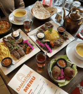 Authentic Syrian restaurant food including grilled meats, rice, kebabs and traditional dishes