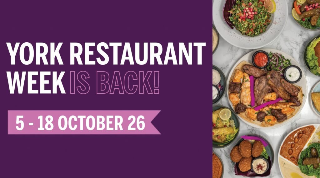 York Restaurant Week promotional graphic featuring Middle Eastern dishes and the dates 5–18 October 2026.