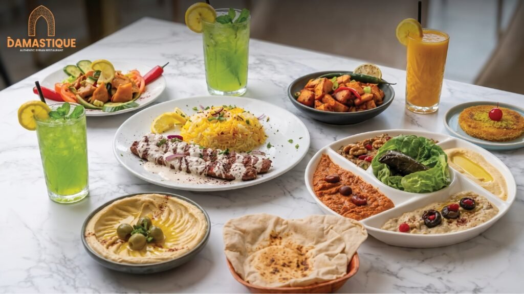 Authentic Syrian cuisine featuring grilled chicken, yellow rice, hummus, mezze, pita bread, and refreshing lemon drinks at Damastique restaurant.